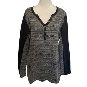 NorthCrest Tribal Fair Isle Shirt Womens Large Gray & Black Henley Classic Top